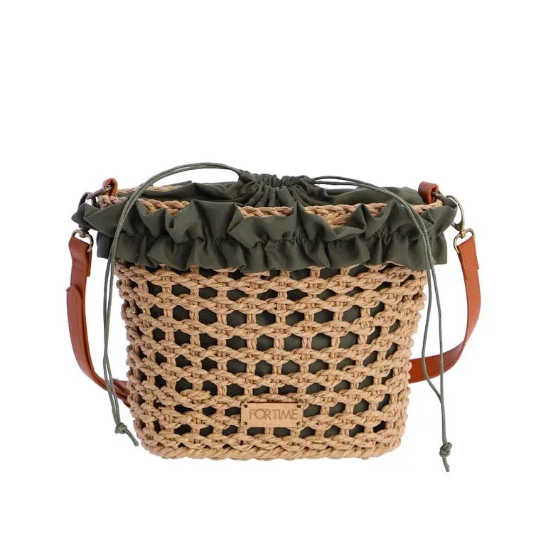 Bolso de Cubo ForTime de Rafia Calada con Cierre de Cordón y Asa Bandolera - FORTime