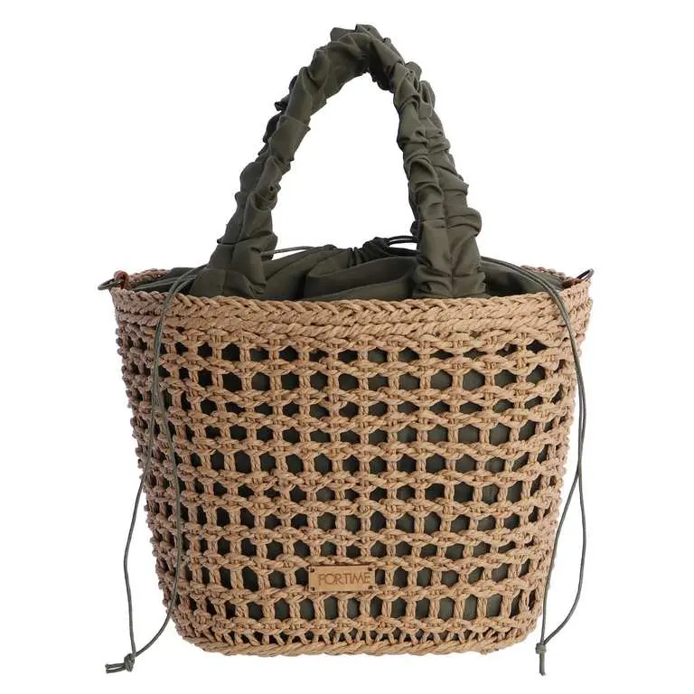 Bolso de Rafia Calada con Asas Fruncidas y Asa Bandolera Desmontable - FORTime 