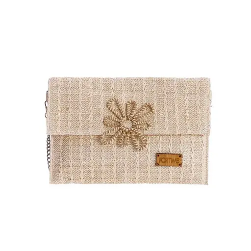 [0RV6488016] Bolso de Mano ForTime Trenzado Natural con Detalle Floral Texturizado - FORTime