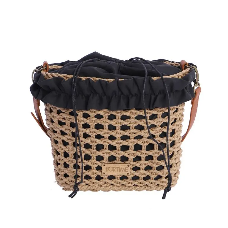 Bolso de Cubo ForTime de Rafia Calada con Cierre de Cordón - FORTime