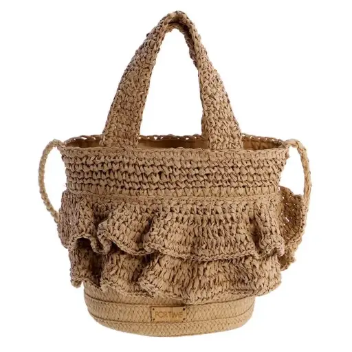 [0RV6481013] Bolso de Mano de Rafia Natural con Volantes y Doble Asa - FORTime